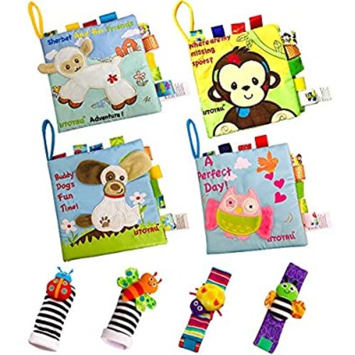 ISTOYALL Soft Baby Books Cloth Book Set 8 PCS Crinkle Book Early Education Toys for Infant Fabric Baby Soft Books Toys Foot Finders Wrist Rattles Socks Toys Toddler for Newborn Baby Boy Baby Girl Gift