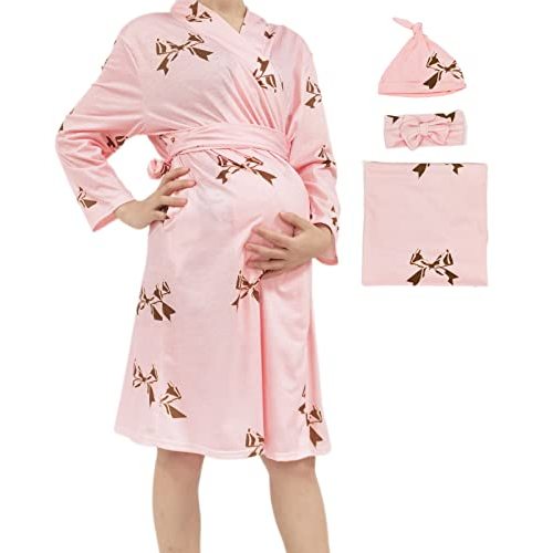 Mommy Robe for Maternity with Matching Swaddle Blanket Girls Boys, Delivery Labor Robe for Hospital Women Dress