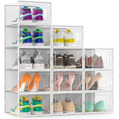 12 Pack Large Shoe Organizer Storage Boxes for Closet, Modular Space Saving Shoe Boxes Clear Plastic Stackable Sneaker Containers Display Case with Lids, Pearl White