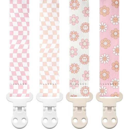 Stadela Baby Pacifier Clip Holder - Girl 4 Pack Gift Set – Retro Checker Smiley Flowers Floral Pink Beige Yellow