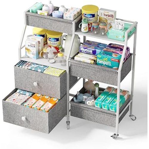 DTK Baby Diaper Caddy Organizer, 3 Tier Rolling Diaper Cart with Dividers and Drawers, Mobile Utility Baby Storage Cart with Wheels, Baby Newborn Essentials for Nursery, Bedroom, Charging Table，Crib