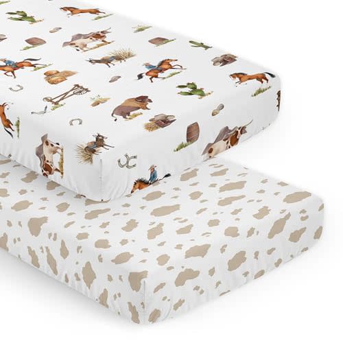 Sweet Jojo Designs Western Cowboy Boy Baby Fitted Crib Sheet Set Infant Newborn Nursery Toddler Bed Room Standard Mattress 2p Cow Print and Wild West Southern Charm Country South Horse Farm Animal Tan
