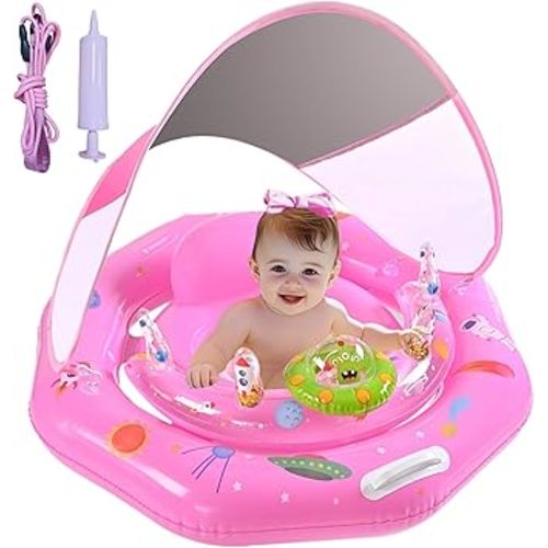 Baby Pool Float with Canopy UPF50+ Sun Protection, Inflatable Infant Pool Float with Adjustable Safety Seat & Toy Play Console,Baby Floatie for 6-36 Months Boys & Girls,Safety Handles & Leashes(Pink)