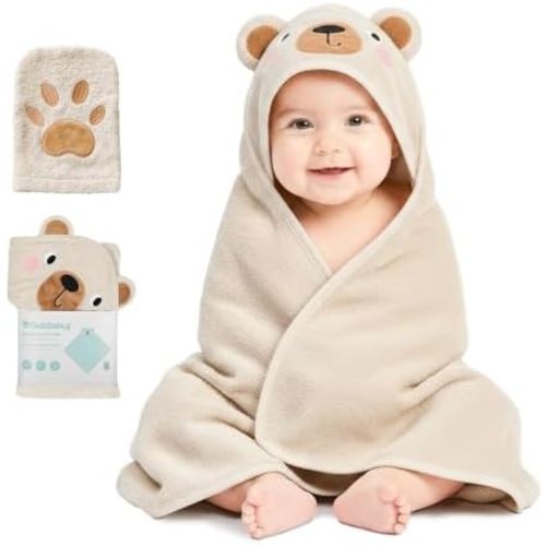 CuddleBug Hooded Baby Towel & Washcloth Set for Toddlers, Cotton Bear Beige