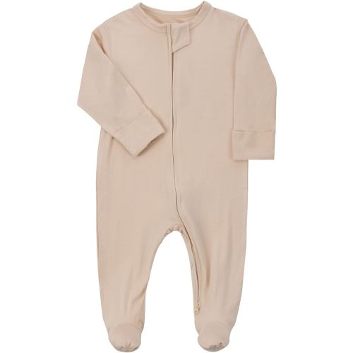 Aablexema Baby Footie Pajamas Zipper - Rayon from Bamboo,spandex Infant Footed Pjs with Mittens Sleepwear Jammies(Beige Pink,0-3m)