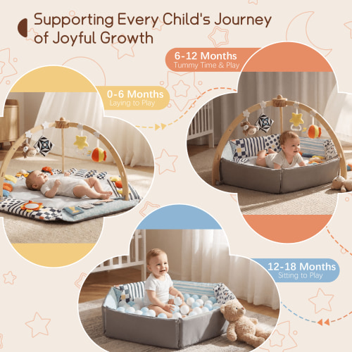 Wooden Baby Play Mat with Foldable Raised Edges,Tummy Time Gym Mat ,6 Detachable Toys for Infant Toddler