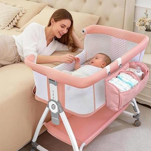 Baby Bassinet Bedside Sleeper, 4-in-1 Baby Bassinet with Wheels, 6-Height Adjustable Crib with Breathable Mesh for Newborns & Infants(Light Pink)