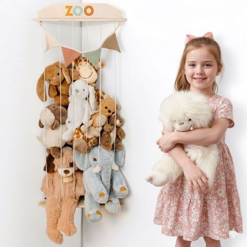 ZICOTO Stuffed Animal Storage for Wall – Wooden Toy Organizer for Nursery & Kids Playroom