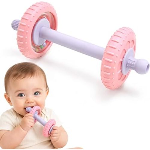 Baby Teething Toys for 3-6 Months, Dumbbell Teether for Babies 6-12 Months, Silicone Baby Teether Toys with Textured Chew Surfaces, Rattle Baby Chew Toy for Infants (Pink)
