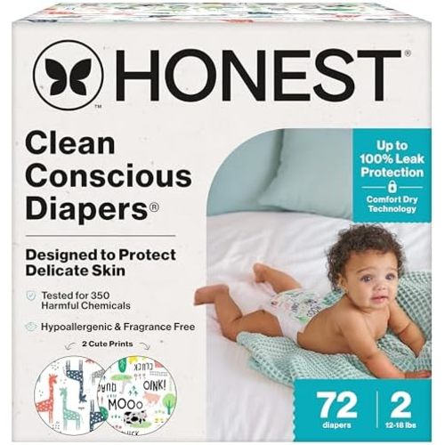 The Honest Company Daytime Diapers, Multi-Colored Giraffes, Size 2, 72 Ct