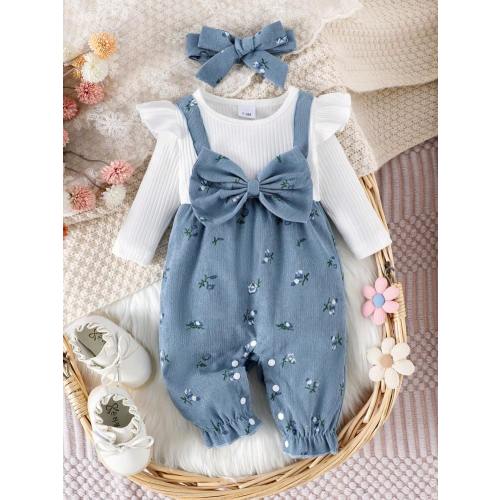 3pcs/Set Baby Girls' Casual 2 In 1 Solid & Ribbed Patchwork, Bow Decor, Ditsy Floral Jumpsuit With Headband Set, Spring/Autumn | SHEIN USA