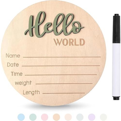 Baby Announcement Sign with Pen, 5.9 Inch Wooden Hello World Newborn Sign for Hospital, 3D Birth Announcement Board, Welcome Baby Name Signs for Nursery, Newborn Gift for Boy & Girl,Green