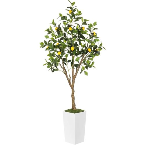 6FT Artificial Lemon Tree with Pot, Fake Lemon Tree with White Tall Planter, Faux Lemon Plant with Realistic Fruits and Silk Leaves, Artificial Plants Indoor for Home Office Kitchen Decor