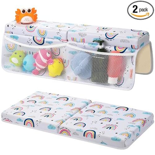 Bath Kneeler and Elbow Rest Pad Set - Comfortable 1.5” Thick Baby Bath Kneeler Pads with Toys Organizer, Non-Slip Knee Arm Support Bathtub Mat, Quick-Drying Kneeling Pad for Baby Bath Time