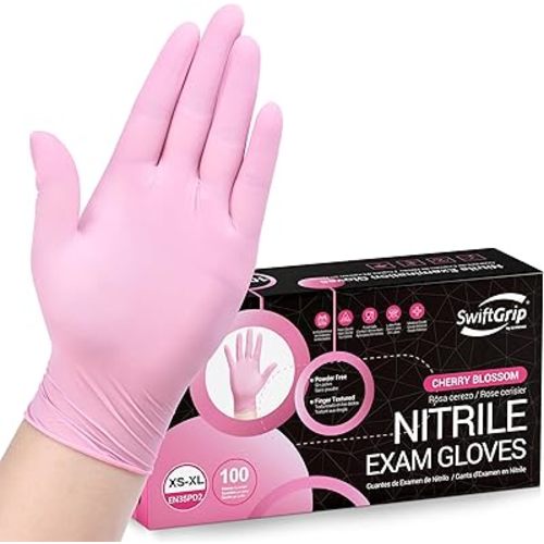 SwiftGrip Pink Nitrile Gloves, 3-mil, Industrial Gloves Disposable Latex Free, for Cleaning & Esthetician, Rubber Powder-Free, 100-ct Box (X-Small)