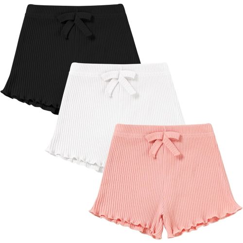 3 Pack Baby Toddler Girl Shorts Ribbed Infant Girls Solid Color Soft Elastic Bow Waist Ruffle Summer Casual Shorts