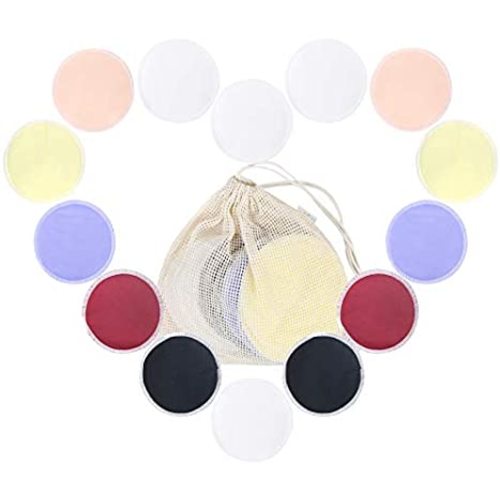 Langsprit Leak-Proof Reusable Bamboo Nursing Pads(14 Pack),Super Absorbent Washable Breast Pads with Bonus Laundry Bag (Multicolored, Round)