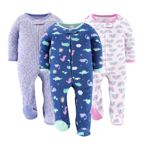 Rainbow Dinosaur Baby Sleepers for Girls Set of 3