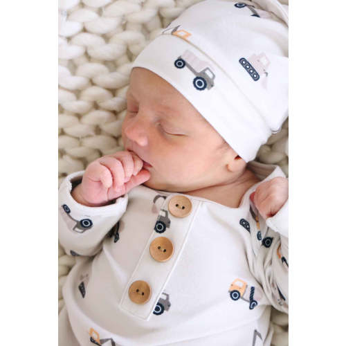 Newborn Baby Knot Gown & Hat Set in Little Builder | Caden Lane