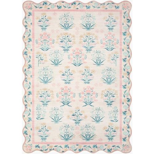 BoutiqueRugs Washable Ivory Floral 2x3 Accent Rug Contemporary Blush Green Gold Coral Bufae Entryway Bedside Nursery Mudroom Bathroom Powder Room 2' x 2'11" Easy Clean Stain Resistant