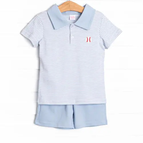 Baseball Pima Embroidered Short Set, Blue – Stitchy Fish