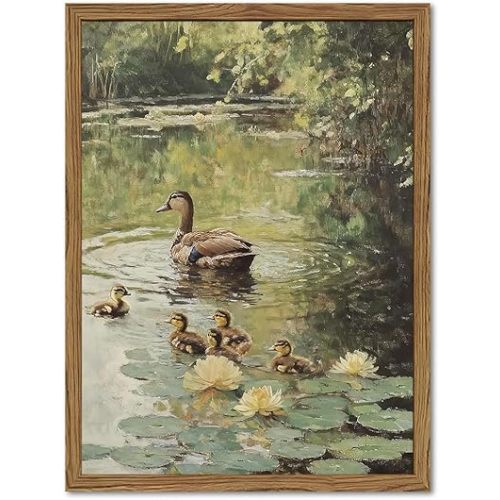 Framed Vintage Duck Canvas Wall Art, Rustic Farmhouse Animal Family Pictures Wall Decor, Country Nature Pond Paintings Prints Cottagecore Home Decor for Living Room Bedroom Bathroom 8x10 inch