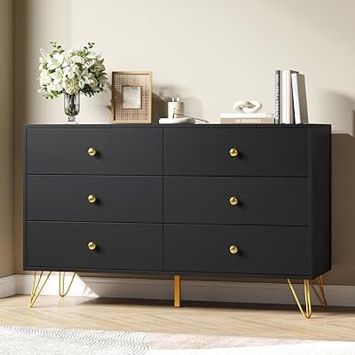 Black Dresser for Bedroom,6 Drawer Dresser with Wide Drawers and Gold Metal Handles, Modern Wooden Chest for Living Room, Hallway,Entryway