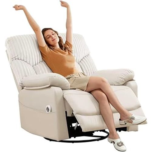 GRAINELL Power Recliner Chair with Massage and Heat, Electric Recliner Nursery Rocking Chairs, USB, Gliding & 270° Swivel Recliner, for Living Room Nursery Chair, Ivory