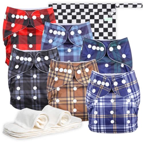 wegreeco Cloth Diapers 6 Pack with 6 Inserts & 1 Wet Bag, Washable Cloth Diapers for Babies, One Size Adjustable Reusable (Checkered)