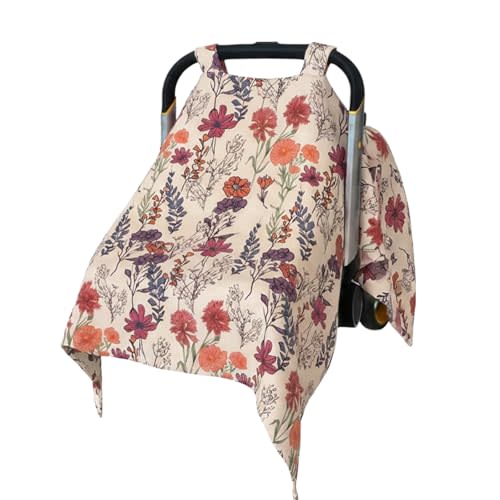 Muslin Baby Car Seat Cover, Boho Chic Floral, Breathable Canopy | Soft, lightweight infant carrier sunshade for baby boys and girls, designed for warm-weather travel and everyday outings
