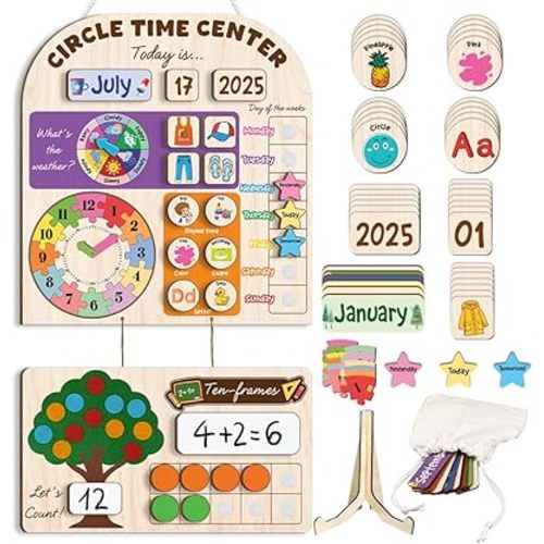 Interactive Calendar for Kids Ages 3-8, Circle Time Learning Center, Wooden Kids Calendar, Teaching Seasons, Years, Months, Days of Week, Language Skills, Preschool & Homeschool Calendars