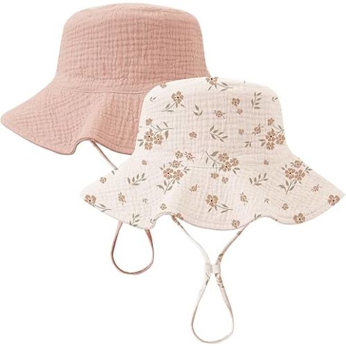 Konssy 2 Pack Muslin Baby Sun Hat UPF 50+ Sun Protection Baby Bucket Hat Summer Beach Hats with Wide Brim for Boys & Girls