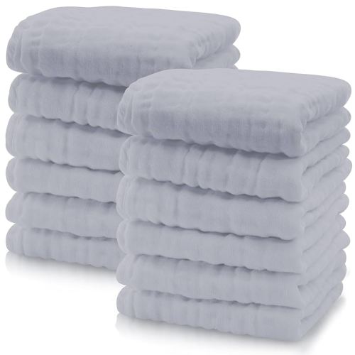 Cute Castle 12 Pack Muslin Baby Washcloths - Large 12'' by 12'' - Ultra Soft 100% Cotton - Super Absorbent Burp Cloths for Unisex, Boy, Girl -Slate
