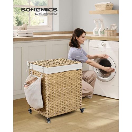 38.3 Gallon Dual-Section Rolling Laundry Hamper with Wheels, 2-Compartment Synthetic Rattan Basket with Removable Liner, 21.7x15.7x26 Inches, Natural