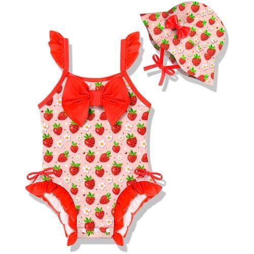 Baby Girl Swimsuit Toddler Ruffle Buttom Snap Swimwear with Hat