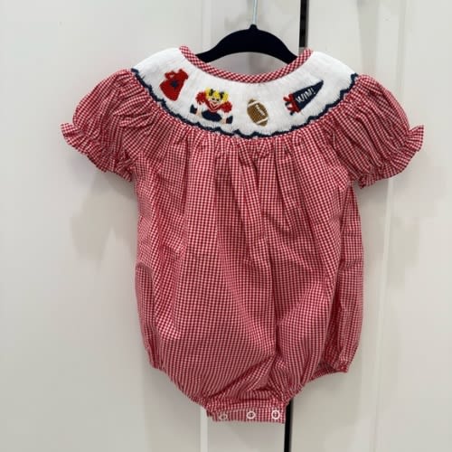 little sloans Red Gingham smocked bubble romper Embroidered football detail