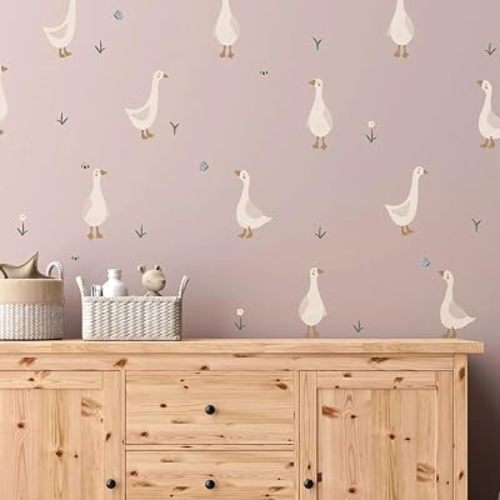 Boho Fabric Geese Wall Sticker, Peel and Stick Watercolor Cute Duck Animals Decals for Nursery Kids Bedroom Baby Room Home Decor