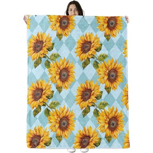 Sunflower Blanket Gifts for Boys Girls Kids, Yellow Sunflowers on Blue Checkered Warm Soft Flannel Throw Blankets for Travel, Sofa, Living Room, Bedroom Birthday Decor, 50x60 in
