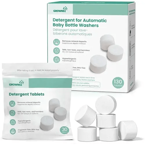 GROWNSY Detergent Tablets for Bottle Washer 130 Count, Safe & Deep Cleaning | Powerfully Removes Milk Residue, Grease & Odor from Bottles, Pump Parts & Feeding Essentials, Fits All Baby Bottle Washers
