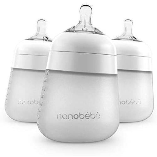 Nanobébé Flexy Silicone Baby Bottle, Anti-Colic, Natural Feel, Non-Collapsing Nipple, Non-Tip Stable Base, Easy to Clean, 3-Pack, White, 9oz