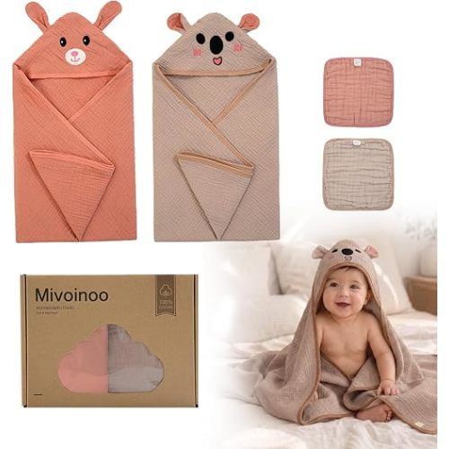 Hooded Baby Towels, 4-Pack 100% Cotton Muslin Bath Set