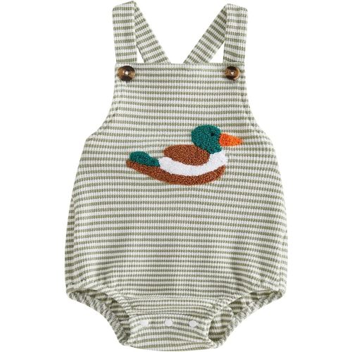 SAYOO Infant Baby Boy Girl Mallard Duck Romper Jumpsuit Green Duck Embroidery One Piece Waffle Overalls Hunting Baby Clothes