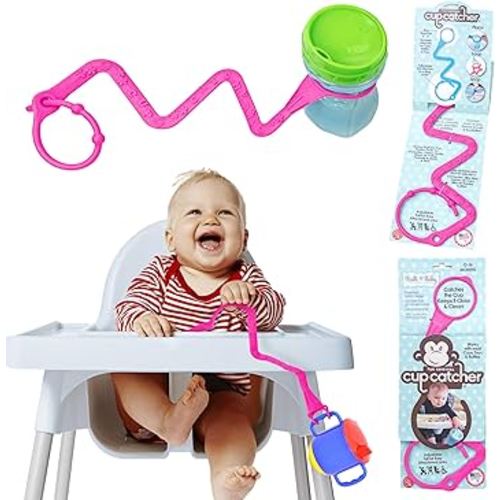 Brilli Baby Cup Catcher Patented Safety Tether Strap, Attach Sippy Cups, Bottles, Pacifiers & More to Stroller, High Chair, Car Seat, Made in USA, Food Grade, Dishwasher Safe (Pink)