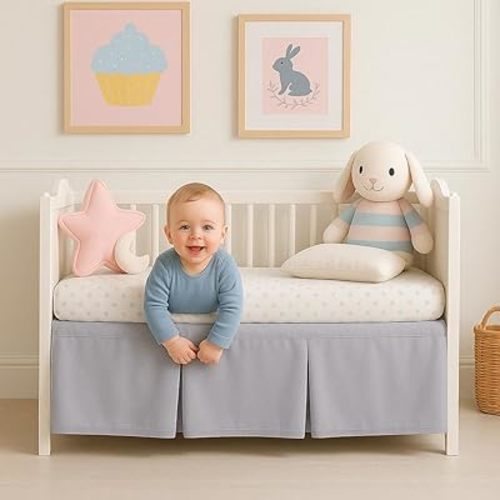 Mattress-Homes Crib Skirt Pleated, Dust Ruffle Adjustable Fit Standard Crib Nursery Mini Crib Toddler Breathable Skirt for Baby Boys or Girls,(Light Grey Solid - 24" x 38"/10" Drop)
