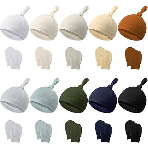 Hercicy 10 Set Newborn Baby Mitten and Hat Set Knot Newborn Beanie with Baby Mittens Cap for Hospital Infant Boy Girls Unisex Preemie Toddler 0-6 Months