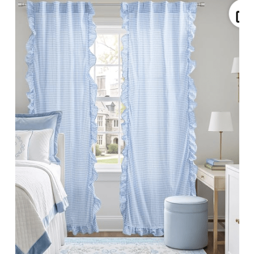 Light Blue Gingham Checkered Curtains, Cute Whimsical Ruffle Curtains for Nursery and Dorm, Pastel Baby Blue and White Preppy Shabby Chic Curtains for Girls Bedroom Playroom 90 Inch Long