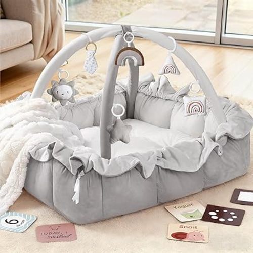 Mallify 5-in-1 Plush Baby Play Gym, Baby Play Mat, Convertible Baby Gym with Blanket and 6 Toys, Tummy time mat, Baby Activity Center from Newborn to Toddler, Baby Gym, Baby Newborn Essentials, Grey