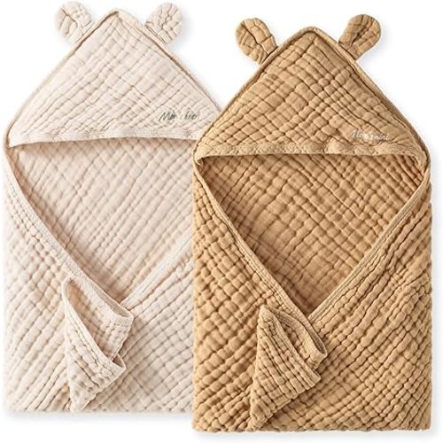 Momcozy Baby Towels, 6-Layer 100% Cotton Muslin Hooded Baby Towel Set for Newborn, Infant & Toddler, Soft Absorbent Baby Bath Essentials, Large 32 x 32 Inch