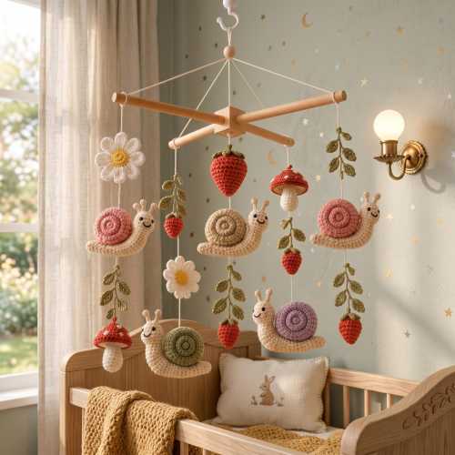 Crochet Snail Baby Mobile, Strawberry Nursery Mobile, Woodland Crib Mobile, Mushroom Baby Mobile, Handmade Nursery Decor, Baby Shower Gift