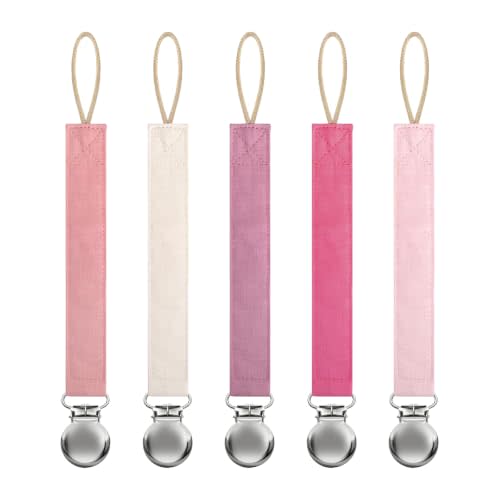 Linen Pacifier Clip for Baby Girls & Boys, 5 Pack Binky Clips | Soft Cotton Linen Fabric, BPA-Free Clips, Universal Fit for Most Pacifiers & Teethers